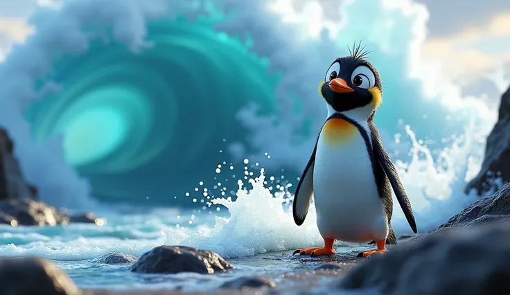 A 3D Disney Pixar-style thumbnail featuring a small, adorable penguin standing confidently on a rocky shore, its expression a mix of determination and awe. In the background, a powerful, swirling blue current flows, with sparkling highlights and dramatic w...