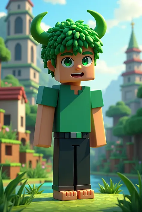 Bikinka fanart , Character guy with green hair Green eyes wears shirt wears green horns Wear black pants does not wear shoes Background render of Minecraft and Minecraft characters 
