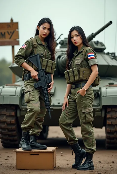 วันนี้ขอลงเซ็ตทหารบกแล้วกัน
#ภาพโดยAIไม่ใช่บุคคลจริง

Prompt
Photography, High resolution, Masterpiece ,8k.uhd.,2 young Thai woman in camouflage uniform with a small Thai flag on a sleeve, wearing tactical vest, slightly open chest, black combat boots, fir...