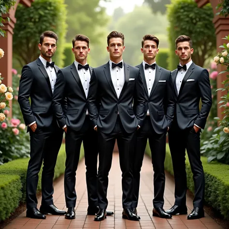 Handsome men wearing groomsmen attire with garden background