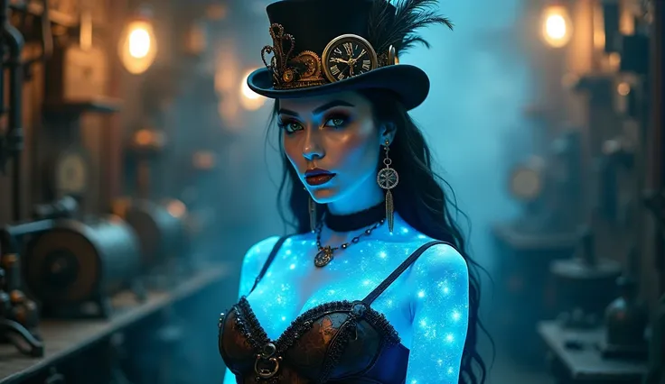 "A mesmerizing, stunning woman with a striking blue body color that glows faintly, adding an ethereal charm to her appearance. She has enchanting green eyes and flawless features that exude confidence and allure. Wear bre in an elegant, steampunk-inspired ...