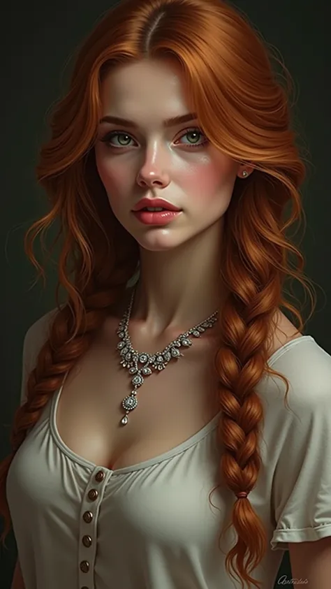 Oil on canvas, Long auburn wavy hair, sea-green eyes, 30ish years old, gorgeous woman,  (beautiful face: 1.2), Looking at viewer, flirting, desire in her eyes, henley t-shirt, soft feminine body, intricate diamond and white gold necklace, gorgeous shapely ...