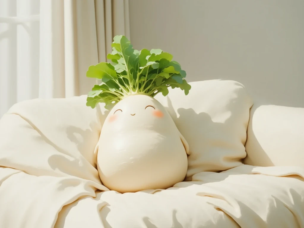 masterpiece, The 1Daikon character is sleeping on the couch。indoor scene,最 High Quality ,  HD Model,  High Quality , 