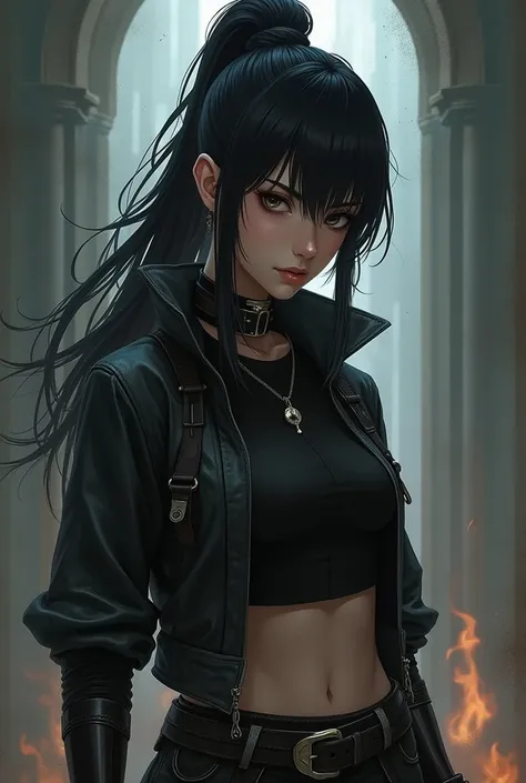 FEMALE KILLER ANIME BLACK HAIR GATHERING PONYTAIL WEARING HEELLESS BOOTS 