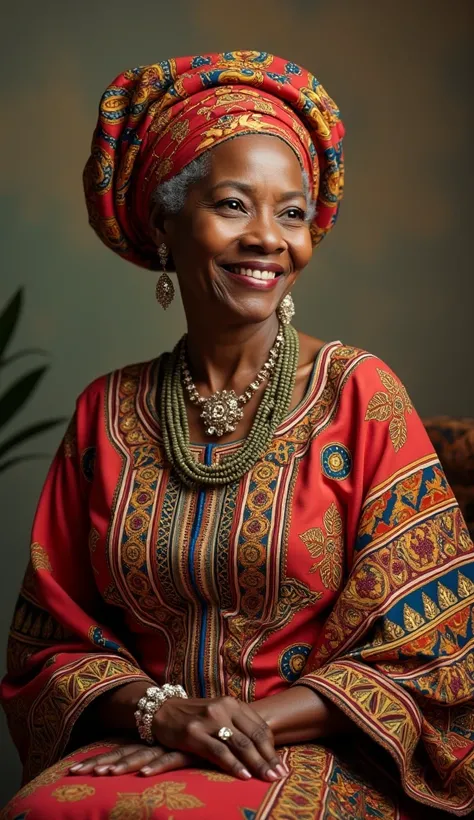 Very beautiful African grandmother aged 60 who is wearing an African outfit