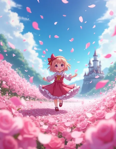 Rain of petals, petals dancing in the wind, rose flower. Adorable and cute Chiikawa, and Hachiware, twirling happily, vibrant colors, Shangri-La setting, fairy tale, castle in the distance, sparkling, fantasy, mass of petals falling, wide angle, artistic e...