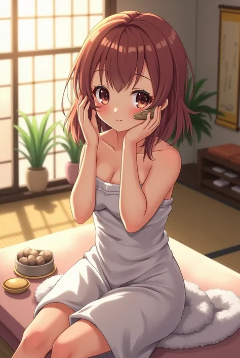 An anime girl is wearing shower towel in a massage parlor,applying the facial mud mask on her face