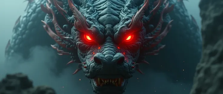 A colossal, intimidating Chinese dragon fills the center of the screen. Its face, illuminated by eerie, glowing red eyes, dominates the frame. The dragons massive form, shrouded in darkness, is barely visible except for the streaks of filtered light that a...