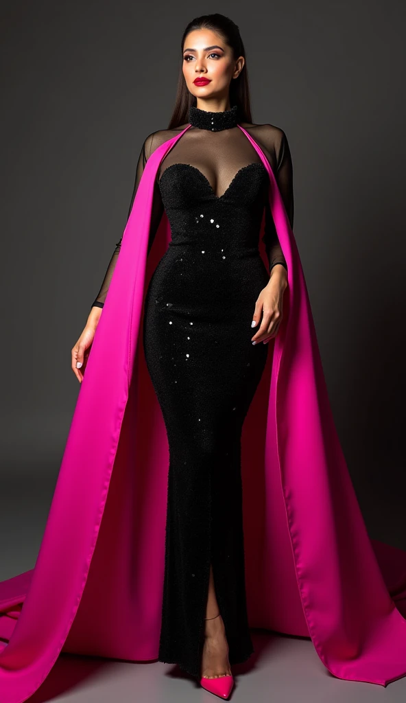 A beautiful Pakistani sexy cute girl with long silk Straight ponytail hair, red lipstick , very big breasts, big breasts, wearing stunning black sequin gown features a high-neck design with sheer black sleeves for an elegant touch. Its bold fuchsia light p...