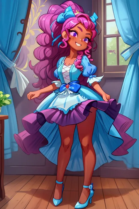 (Masterpiece, best quality) 1 girl, standing indoors with intricate details and sunlight, blue and white frilled dress with short neckline, cinderella high heel shoes, pink long curly hair, purple eyes, blue ribbon in hair, dark brown skin, sexy smile, con...