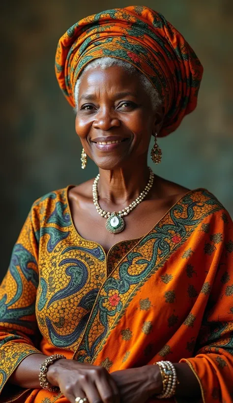 Very beautiful African grandmother aged 60 who is wearing an African outfit