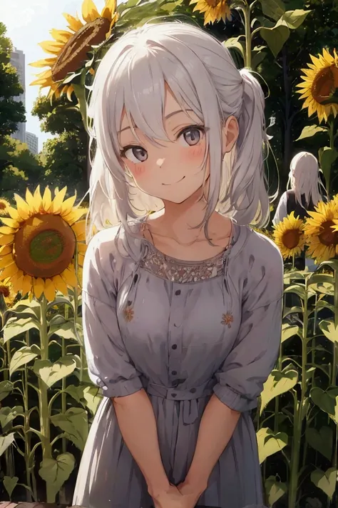 A man aged 30, white messy hair, facing backwards, staring from faraway at a girl, 150cm tall, medium long hair, smiling, crouching in front of a sunflower, looking at the flower, touching the flower, in a park, at afternoon