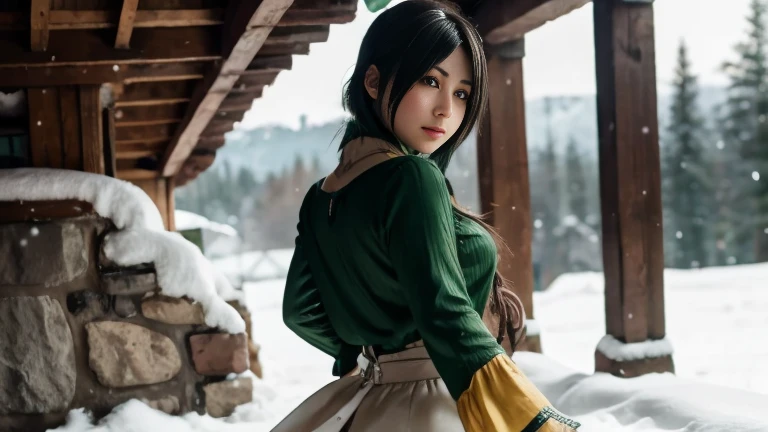  Yufie Final Fantasy cosplay cute girl in green clothes ,  looking at camera,  erotic photo , photoshoot,  high quality against the background of a snow-white medieval fantasy castle,  High detail , HD quality, ultra quality,  high resolution, , the focus ...