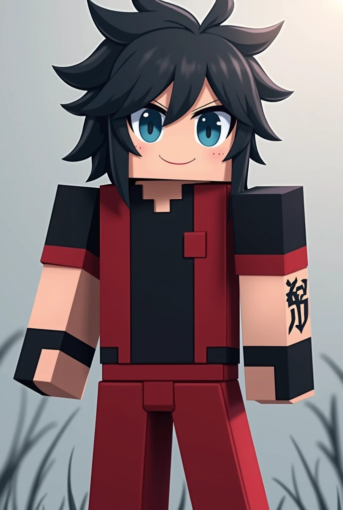 Make me a Minecraft skin anime black hair blue eyes red using a black shirt and Tati on the right hand on the left hand aja gloves 