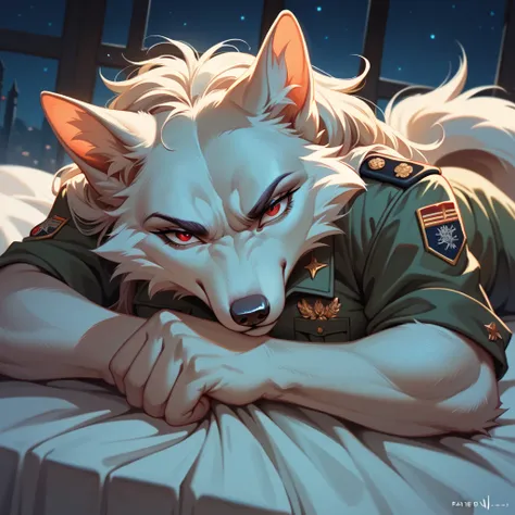 Uploaded on e621, uploaded on fur affinity, furry, wolf, white fur, red eyes, female, very skinny body, white military uniform, lying on her stomach, serious, smirk, on the bed, smile, sexy pose, fancy hotel, night sky, solo, front view, dynamic angle, mas...