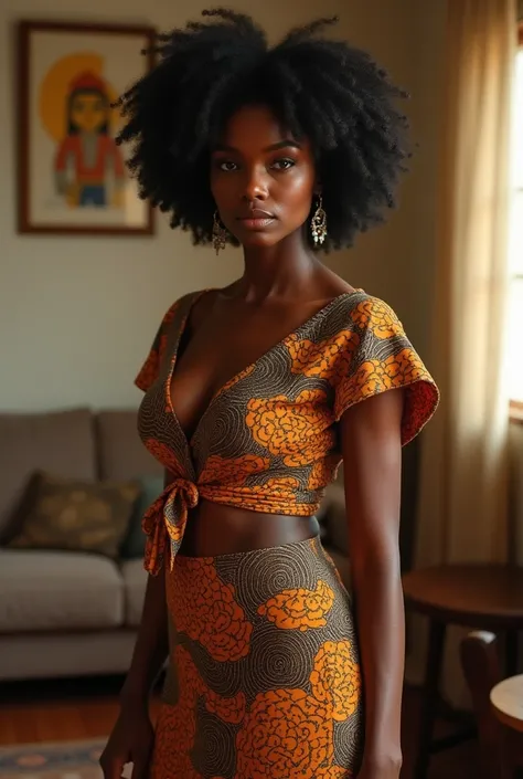 In African clothes Generate an image of a African dark black lady with body was curvaceous, with a well-defined waist that accentuated her shapely hips and a figure at a simple living room 