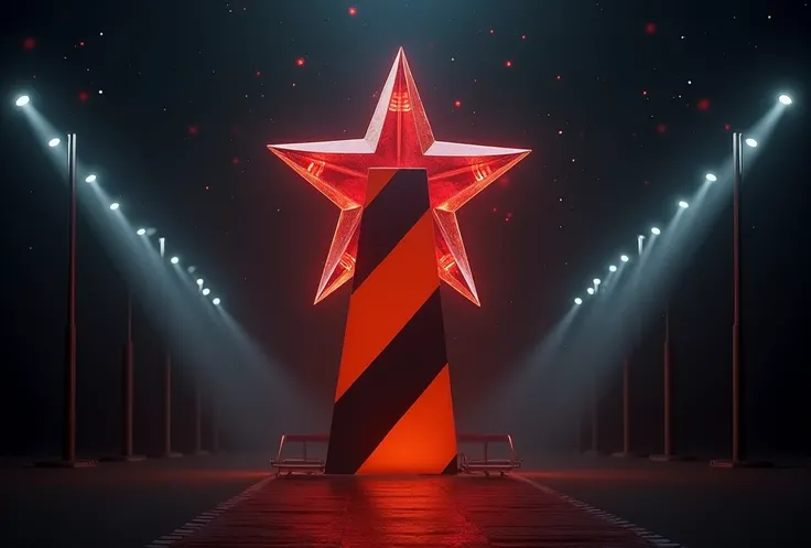 orange and black striped St. George ribbon, searchlights in the dark sky.  victory day. , red glass star, spikes, inner glow,  thin graceful lines, dark sky, celebration, stars in background