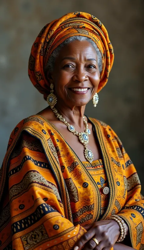 Very beautiful African grandmother aged 60 who is wearing an African outfit