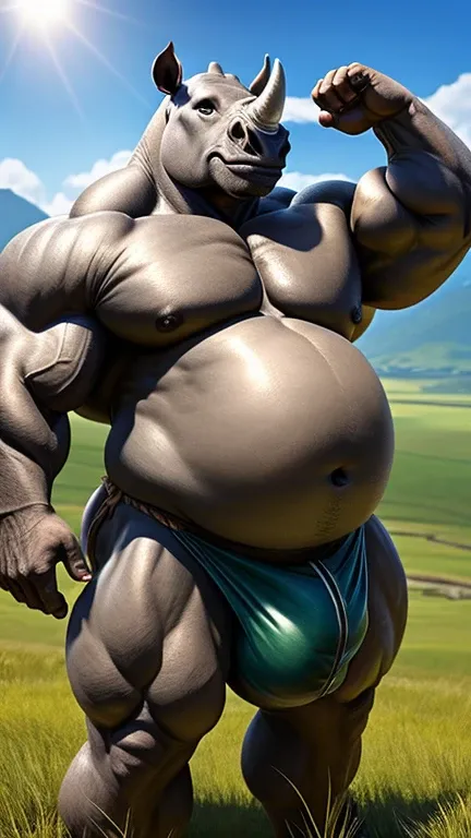 Shirtless fat male rhinoceros man。Huge belly。 huge muscles。 loincloth。( huge bulge :1.5)。grassland。 Details。Precise depiction。 highest resolution。Maximum number of pixels。 Best Picture Quality 。 hyperreal 。 photorealistic。