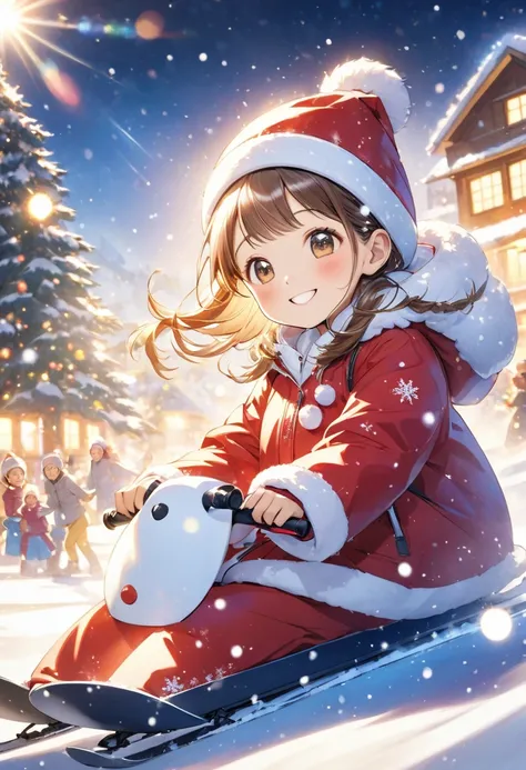 Smiling woman and Santa Claus enjoying skiing、 its snowing 、Lots of shining particle light