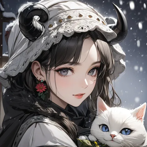 
( best quality, sketch:1.2),Realistic, 1 girl, masterpiece, Noir Dark, art,  Im wearing a zinnia flower holder and earrings、The sheep has horns、hugging a cat and laughing、Medieval female knight outfit, , Christmas season , its snowing,  face close-up 、 tu...