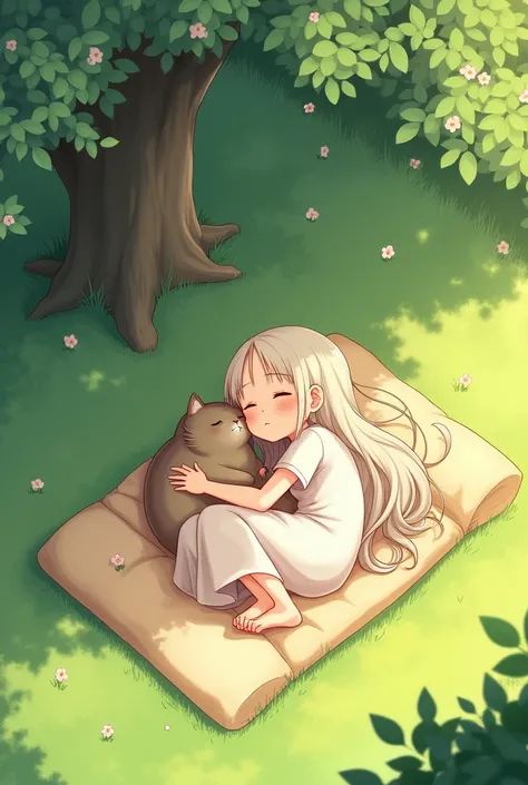 Girl and cat lying on a futon on the lawn