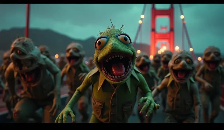 a decaying rage-filled zombies horde  of human  mens zombies running on the golden gate bridge at night, trying to devour the muppets, highly detailed, photorealistic, 8k, cinematic lighting, dramatic shadows, ominous atmosphere, horror, gritty, grunge, gr...