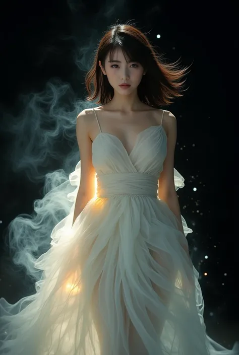 Hyper-detailed digital painting of an East-Asian model, depicted as an incorporeal ghost, surrounded by glowing fog that seamlessly blends into her clothing, making her attire appear as if it is dissolving into ethereal smoke. The model is framed against a...