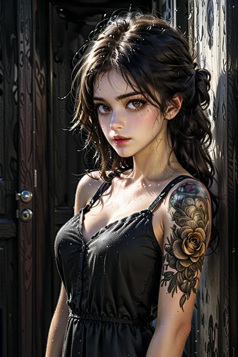 Stunning masterpiece of art Basic style of horror, portrait of a beautiful crimean girl, chocolate brown eyes, mid length brown hair, shoulder length and messy hair, in elegant unbuttoned black  and very tight dress, yakuza tattoos on body / flowers graffi...