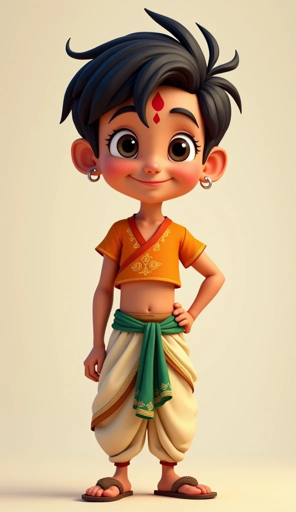 A young boy s cartoon character inspired by traditional South Asian aesthetics, radiating a friendly and approachable personality.
•	Head & Hair: Styled, upward-swept dark hair with a playful and confident vibe. A small red bindi on his forehead adds cultu...