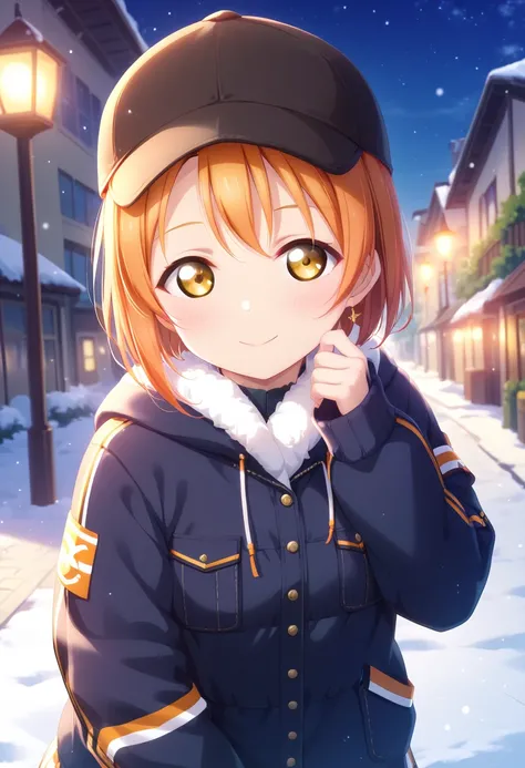 {{{masterpiece}}}, {{{best quality}}}, {{ultra-detailed}}, {illustration}, {{an extremely delicate and beautiful}}, orange hairRin Hoshizora Love Live 星空 凛、baseball hat、 orange hair、 bob cut、Yellow Eyes、20old、small Average breasts、adult-like winter clothes...