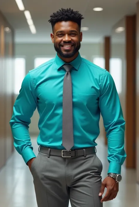 Can you create an image of a promotional suit the turquoise shirt and GRAY pants with the GRAY TIE of a man with brown skin who sees himself wearing a suit that does NOT have a SUIT 