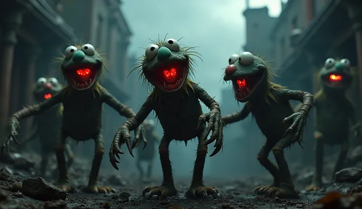 a haunting night of the living muppets dead,a group of muppets in a dark and sinister setting,muppets with glowing red eyes,muppets with sharp teeth and claws,muppets in a decaying environment,muppets attacking and devouring humans,chiaroscuro lighting,mut...