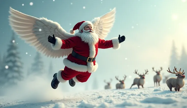  a Santa with wings，Flying through the sky in a snow-white scene ，There is a group of small ren