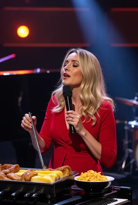 Une chanteuse mange de la raclette sur la scène dun concert. Plateau de télévision. Piano voix. Chanteuse blonde. 