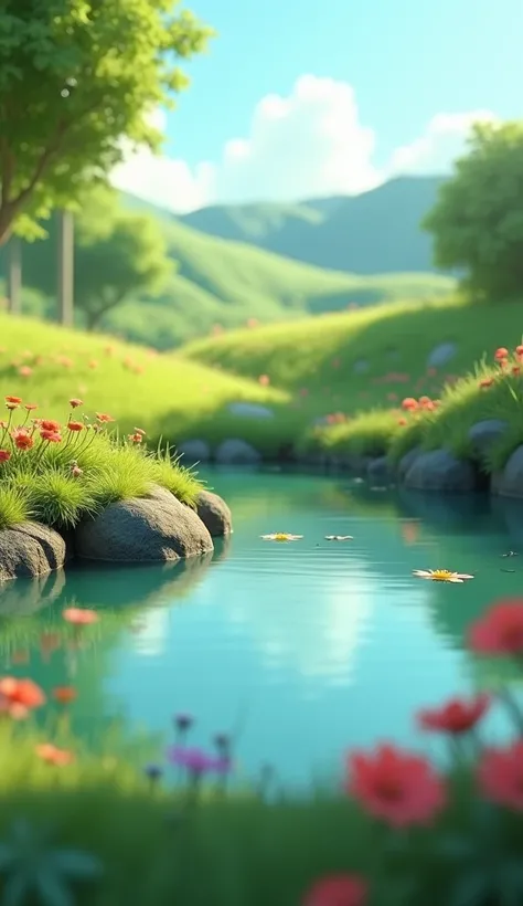 A pond edge with ground, no animal 3d pixar cartoon