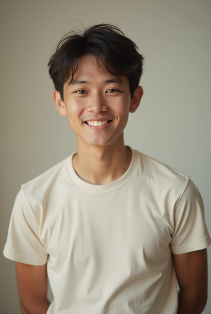 "A young man with short, dark hair and a casual t-shirt,standing against a soft, neutral background. The atmosphere is relaxed, and the young man has a friendly, approachable vibe. The light is soft, giving a natural, warm tone to the photo." the young man...