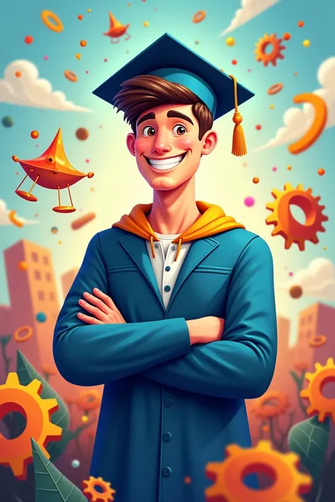 Graduated boy in engineering with cartoon animations 