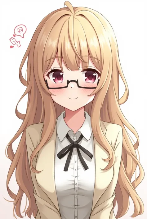  a girl, anime girl,  long hair , fringe, Ojos rojos, medium hair,  wavy hair ,  light brown hair,  wavy hair ,   big breasts , blush, smile, smile, Ojos rojos, light smile , single braid,Yandere, shy, wicked, with glasses,  Hair in front of the ears,  wav...