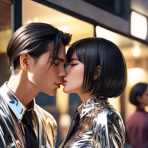 Family,  masterpiece,  black hair, Lens reflection, Reflected light, Buttoned in extremely tight shiny metallic blouse with zebra pattern,Necktie,  high resolution , portrait, bob cut, Are in town, kiss