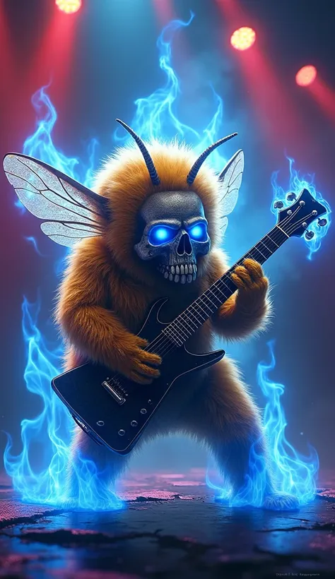 A photo art piece in the style of Iron Maiden featuring a flaming cute extra fluffy baby realistic honey bee rock legend. The honey bee, with glowing blue eyes, passionately strums his electric guitar. Swirling blue and white flames envelop his fur body an...