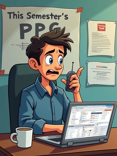 Mr. Ahmad, with a confused expression, is sitting in front of his laptop, nervously holding the mouse, as if hes about to click ‘Print the Data Report,’ but unsure. Behind him is a large poster saying “This Semesters PPG,” and on his desk is a cold cup of ...