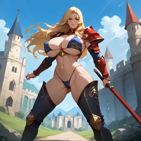 nsfw, megami magazine,High image quality,cowboy shot,1 person,Blonde,Red Eye, long hair ,hair intake,Warrior,shoulder armor ,Bare shoulders, Bikini Armor,huge breasts, long boots, thigh-length black boots,Castle, is short,erect nipples, cameltoe, battoujut...