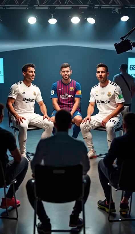 MrBeast filming a video with Ronaldo and Messi answering his questions.
