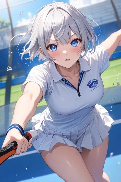 masterpiece、 best quality，One high school girl， Silver Hair，Short hairstyles on the side ， blue eyes， Shortcut Hair、Tennis Spray Final Match ，High school tennis club captain， dynamic sports motion 、The moment I hit the ball with my racket 、 An aphrodisiac ...