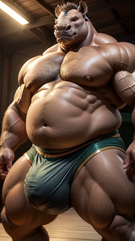 Shirtless fat male rhinoceros man。Huge belly。 huge muscles。 loincloth。( huge bulge :1.5)。 sumo wrestler。 Details。Precise depiction。 highest resolution。Maximum number of pixels。 Best Picture Quality 。 hyperreal 。 photorealistic。
