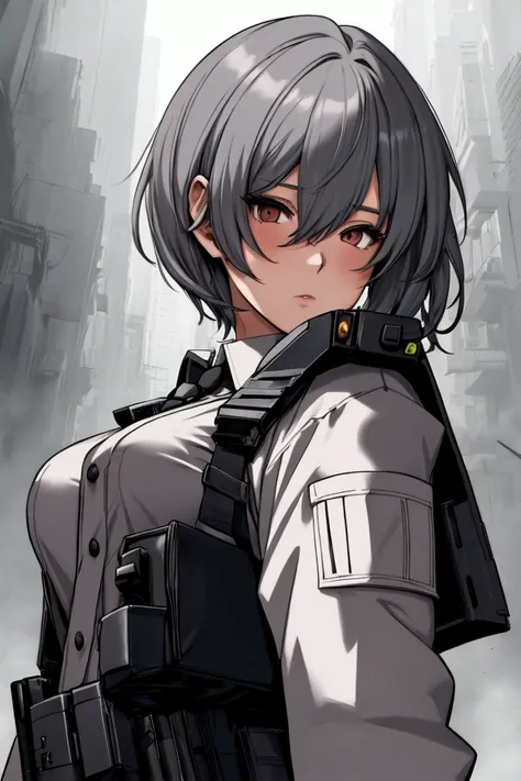 Anime girl,pixie cut gray hair,wearing a white long sleeve and gray vest with a black tie, with tactical shoulder holster