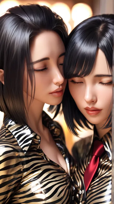 Mother and daughter ,  masterpiece,  black hair, Lens reflection, Reflected light,  buttoned in extremely tight shiny metallic blouse with zebra pattern,Necktie,  high resolution , portrait, bob cut, Are in town, kiss