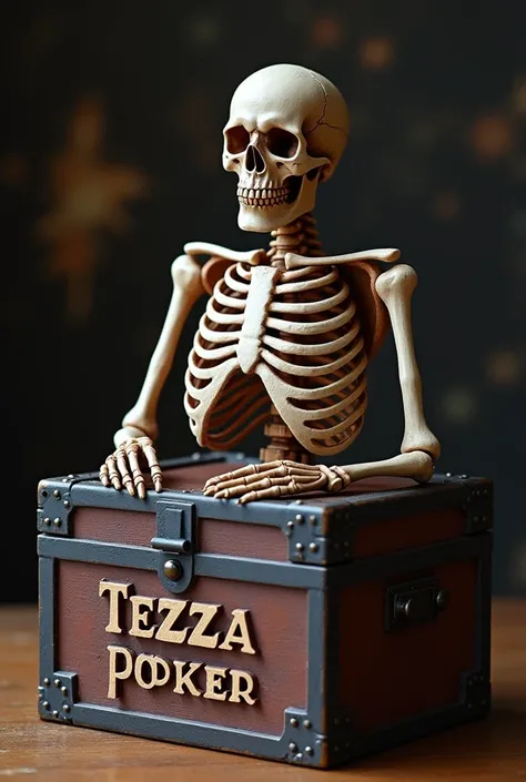 Carve a picture of a skeleton on a box and write Tezza poker underneath