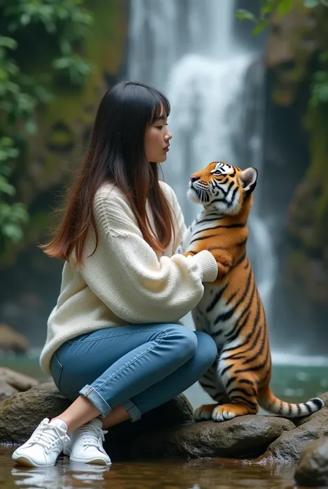  From afar seen very beautiful asian woman age 25 years old with long hair wearing white knit sweeter red combination wears blue jeans and wears white Nike shoes sitting on rocks at the edge of a very beautiful waterfall,her hands holding a very cute Sumat...